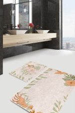 - RealHomes - Realhomes  Pembe Zemin Yaprak Tasarımlı 2'li Banyo Paspas Takımı & Klozet Paspas Seti Realhomes