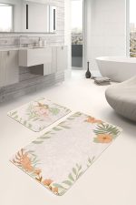 - RealHomes - Realhomes  Pembe Zemin Yaprak Tasarımlı 2'li Banyo Paspas Takımı & Klozet Paspas Seti Realhomes