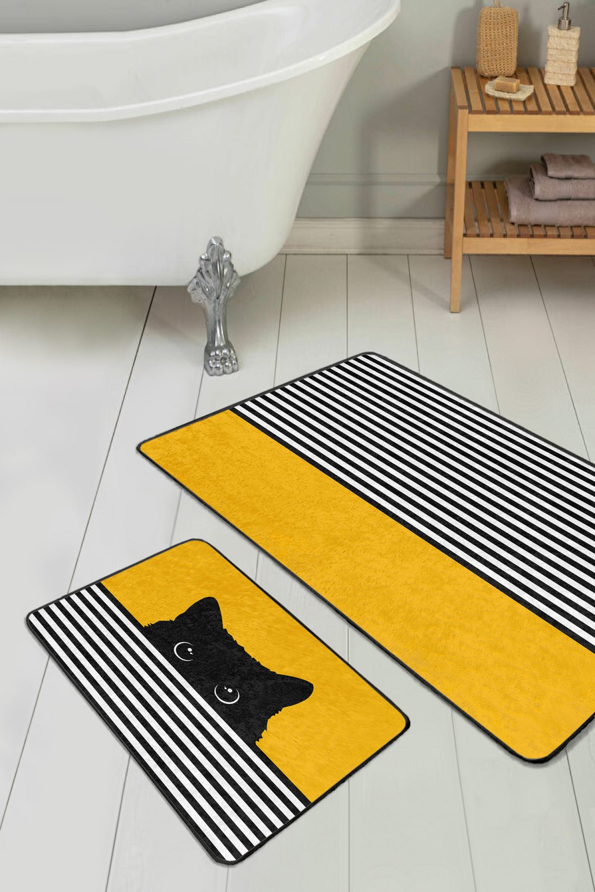 Sarı Motifli Kedi Desenli Çizgili 2'li Banyo Paspas Seti & Mutfak Halı Takımı Realhomes