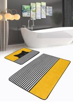 - RealHomes - Realhomes  Sarı Motifli Kedi Desenli Çizgili 2'li Banyo Paspas Seti & Mutfak Halı Takımı Realhomes