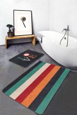 - RealHomes - Realhomes  Renkli Love Temalı Renkli Çizgili 2'li Mutfak Paspas Seti & Banyo Halı Takımı Realhomes