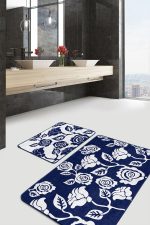 - RealHomes - Realhomes  Lacivert Beyaz Gül Tasarımlı 2'li Mutfak Paspası Takımı & Banyo Paspas Seti Realhomes