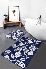 - RealHomes - Realhomes  Lacivert Beyaz Gül Tasarımlı 2'li Mutfak Paspası Takımı & Banyo Paspas Seti Realhomes