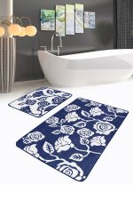 - RealHomes - Realhomes  Lacivert Beyaz Gül Tasarımlı 2'li Mutfak Paspası Takımı & Banyo Paspas Seti Realhomes