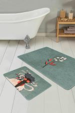 Yeşil Zemin Çiçek Detaylı 2'li Banyo Paspas Seti & Mutfak Paspas Takımı Realhomes