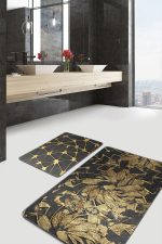 - RealHomes - Realhomes  Gold Detaylı Fırça Darbeleri 2'li Banyo Paspas Seti & Klozet Paspas Takımı Realhomes