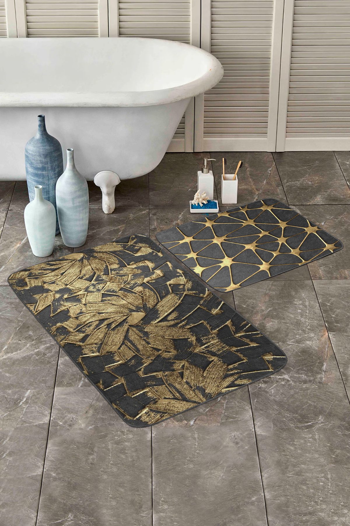 Gold Detaylı Fırça Darbeleri 2'li Banyo Paspas Seti & Klozet Paspas Takımı Realhomes