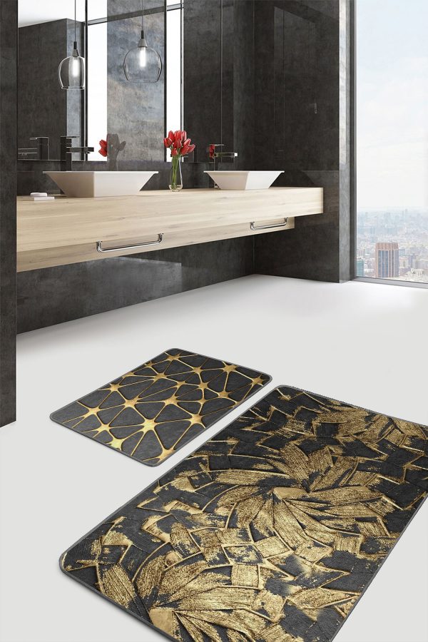 - RealHomes - Realhomes  Geometrik Çizimli Lacivert Motifli 2'li Banyo Paspas Takımı & Mutfak Halı Seti Realhomes