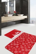 - RealHomes - Realhomes  Kırmızı Zemin Yılbaşı Temalı Kar Taneleri 2'li Paspas Seti & Klozet Takımı Realhomes