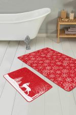 - RealHomes - Realhomes  Kırmızı Zemin Yılbaşı Temalı Kar Taneleri 2'li Paspas Seti & Klozet Takımı Realhomes