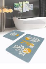 - RealHomes - Realhomes  Mavi Zeminli Yosun Tasarımlı 2'li Mutfak Paspas Takımı & Banyo Paspas Seti Realhomes