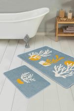 - RealHomes - Realhomes  Mavi Zeminli Yosun Tasarımlı 2'li Mutfak Paspas Takımı & Banyo Paspas Seti Realhomes