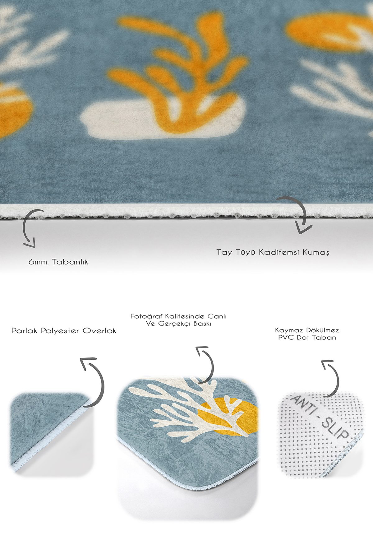 Mavi Zeminli Yosun Tasarımlı 2'li Mutfak Paspas Takımı & Banyo Paspas Seti Realhomes