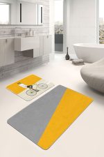 - RealHomes - Realhomes  Sarı Gri Bisikletli Adam 2'li Banyo Paspas Seti & Mutfak Paspas Takımı Realhomes