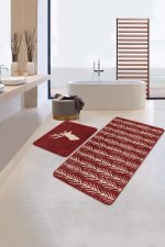 - RealHomes - Realhomes Kahverengi Zeminli Geyik Tasarımlı 2'li Banyo Halısı Takımı & Mutfak Halı Seti Realhomes