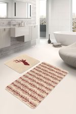 Krem Zeminli Geyik Motifli 2'li Mutfak Paspas Seti & Banyo Paspas Takımı Realhomes