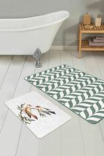 - RealHomes - Realhomes  Kırlangıç Motifli Yeşil Ebru Sanatı Özel Tasarım 2'li Paspas Klozet Takımı Realhomes