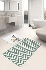 - RealHomes - Realhomes  Kırlangıç Motifli Yeşil Ebru Sanatı Özel Tasarım 2'li Paspas Klozet Takımı Realhomes