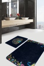 Lacivert Zemin Tropik Çiçekli Tavuskuşu Motifli 2'li Banyo Mutfak Paspas Seti Realhomes
