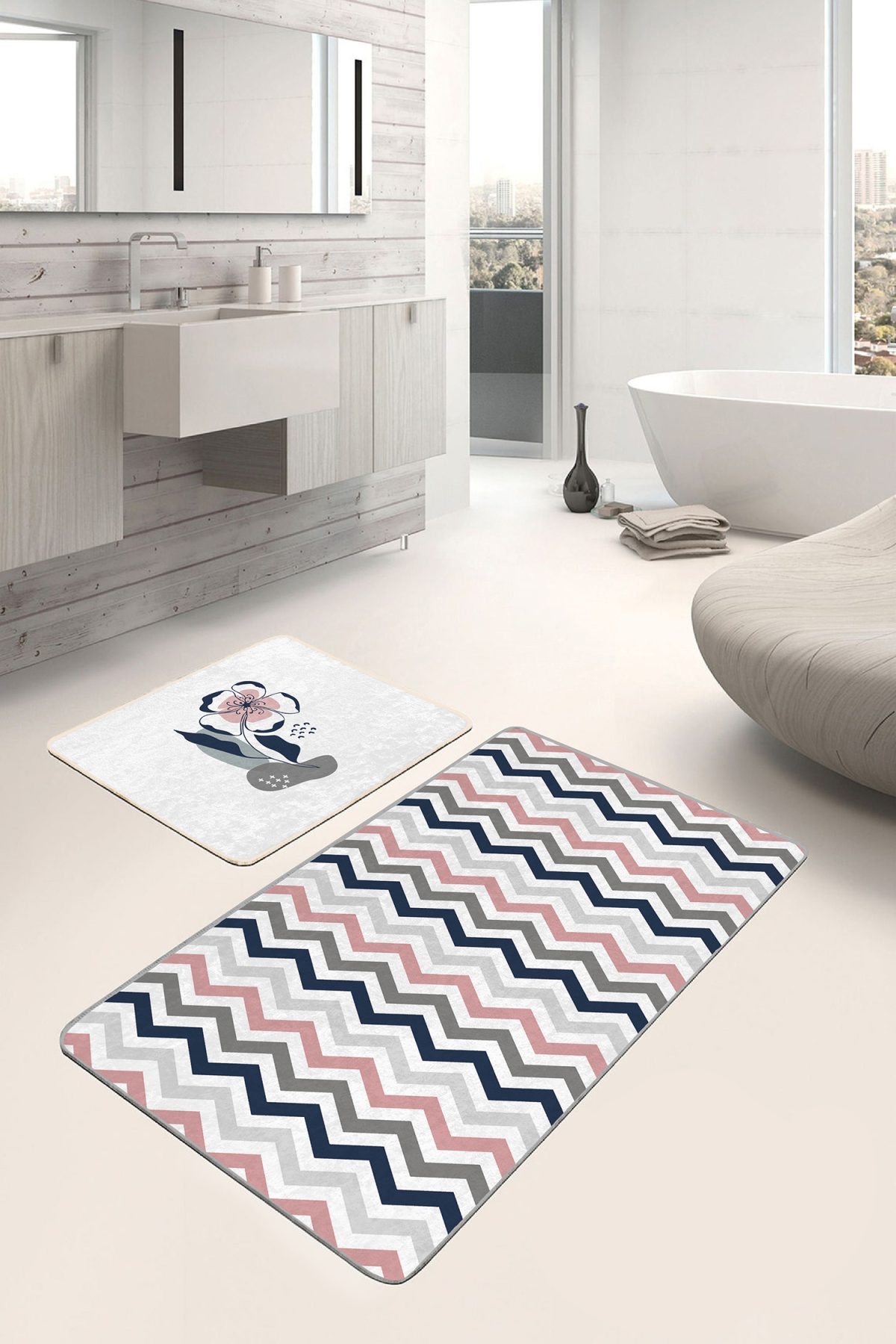 Soft Renkli Zikzak Motifli Özel Tasarım 2'li Banyo Halı Seti & Mutfak Paspas Takımı Realhomes