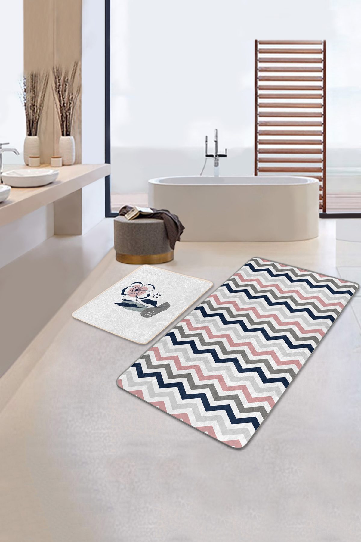 Soft Renkli Zikzak Motifli Özel Tasarım 2'li Banyo Halı Seti & Mutfak Paspas Takımı Realhomes