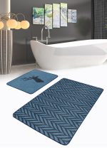 - RealHomes - Realhomes  Lacivert Ebru Sanatı Çizimli Geyik Motifli 2'li Banyo Halı Takımı & Klozet Paspas Seti Realhomes