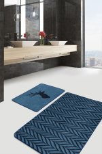 - RealHomes - Realhomes  Lacivert Ebru Sanatı Çizimli Geyik Motifli 2'li Banyo Halı Takımı & Klozet Paspas Seti Realhomes