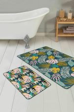 - RealHomes - Realhomes  Renkli Tropik Yaprak Özel Tasarımlı 2'li Mutfak Paspas Seti & Banyo Halı Takımı Realhomes