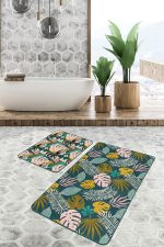 - RealHomes - Realhomes  Renkli Tropik Yaprak Özel Tasarımlı 2'li Mutfak Paspas Seti & Banyo Halı Takımı Realhomes