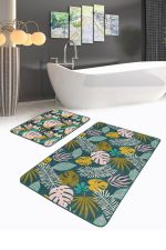 - RealHomes - Realhomes  Renkli Tropik Yaprak Özel Tasarımlı 2'li Mutfak Paspas Seti & Banyo Halı Takımı Realhomes