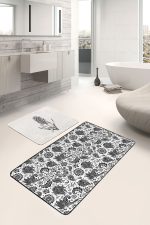 - RealHomes - Realhomes  Siyah Beyaz Çiçek Motifli 2'li Banyo Halı Takımı & Mutfak Paspas Seti Realhomes