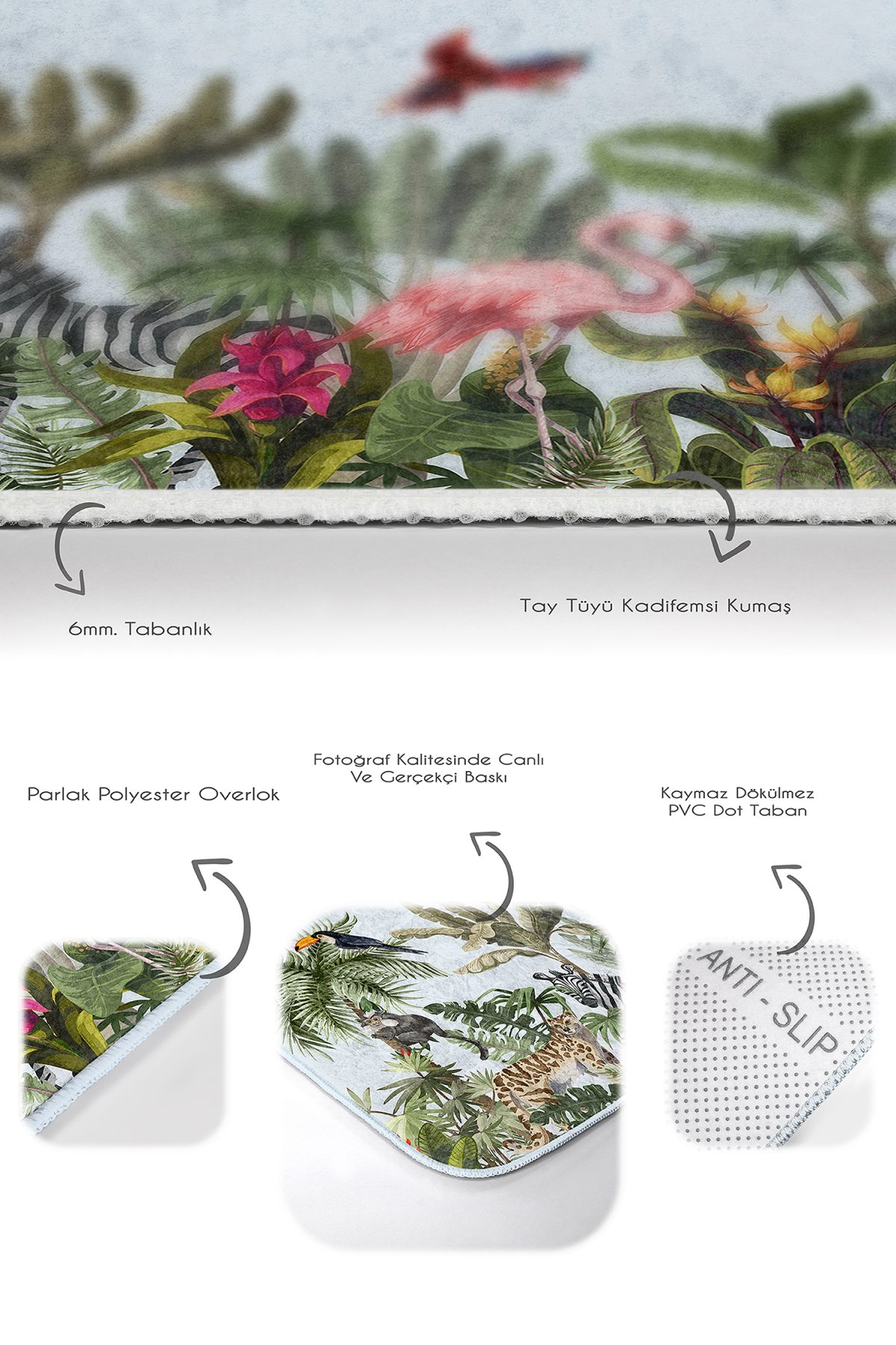 Tropik Hayvanlar Bitkiler Özel Tasarım 2'li Banyo Paspas Seti & Banyo Halı Takımı Realhomes