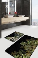 - RealHomes - Realhomes  Siyah Zemin Tropik Ağaçlar Özel Tasarım 2'li Mutfak Paspas Seti & Banyo Hakı Seti Realhomes