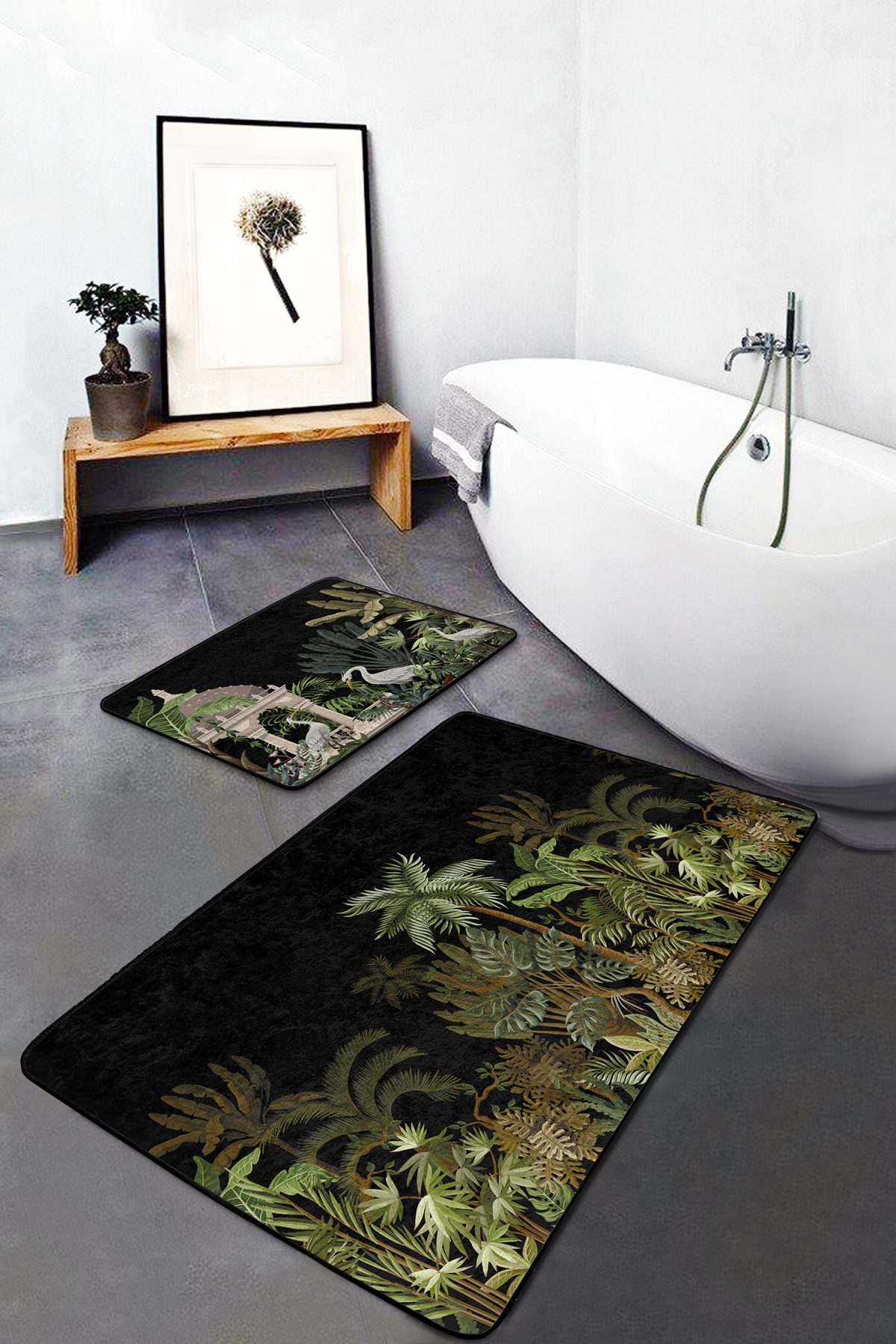 Siyah Zemin Tropik Ağaçlar Özel Tasarım 2'li Mutfak Paspas Seti & Banyo Hakı Seti Realhomes