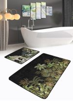 - RealHomes - Realhomes  Siyah Zemin Tropik Ağaçlar Özel Tasarım 2'li Mutfak Paspas Seti & Banyo Hakı Seti Realhomes