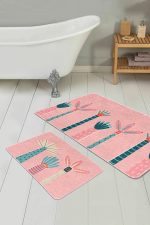 - RealHomes - Realhomes  Pembe Zemşn Palmiye Ağacı Çizimli 2'li Banyo Paspas Takımı & Mutfak Paspas Takımı Realhomes