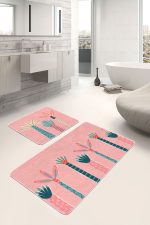 - RealHomes - Realhomes  Pembe Zemşn Palmiye Ağacı Çizimli 2'li Banyo Paspas Takımı & Mutfak Paspas Takımı Realhomes