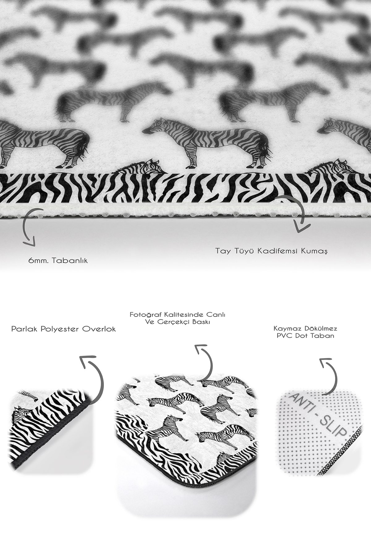Siyah Beyaz Zebra Desenli 2'li Banyo Halı Takımı & Mutfak Paspas Takımı Realhomes