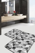 - RealHomes - Realhomes  Gri Geometrik Mermer Motifli 2'li Banyo Halı Takımı & Mutfak Paspas Seti Realhomes