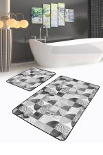 - RealHomes - Realhomes  Gri Geometrik Mermer Motifli 2'li Banyo Halı Takımı & Mutfak Paspas Seti Realhomes