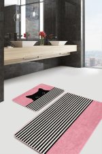 - RealHomes - Realhomes Pembe Zemin Çizgili Kedi Özel Tasarım 2'li Banyo Paspas Takımı & Mutfak Paspas Seti Realhomes