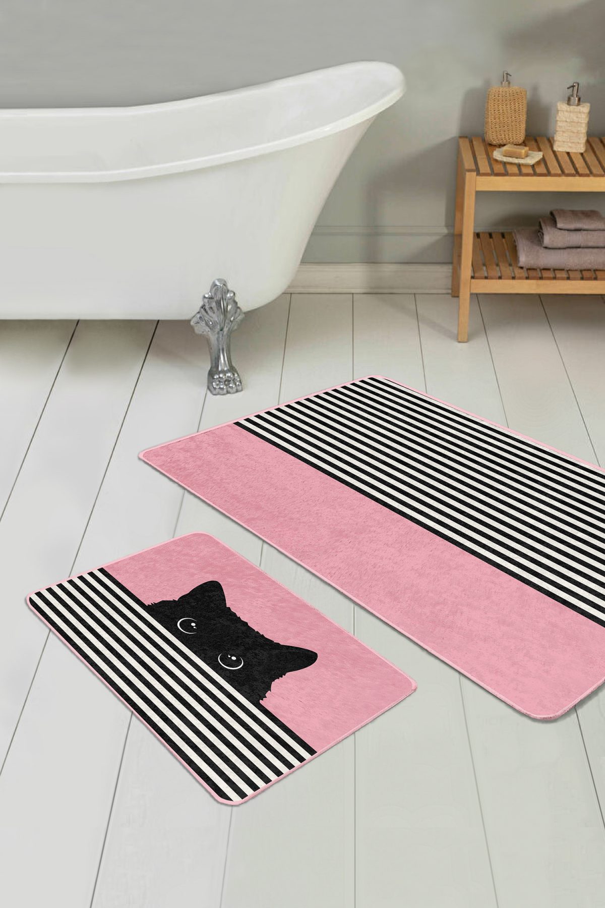 Pembe Zemin Çizgili Kedi Özel Tasarım 2'li Banyo Paspas Takımı & Mutfak Paspas Seti Realhomes
