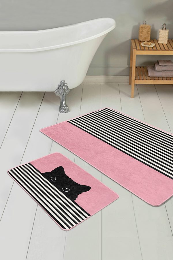 - RealHomes - Realhomes  Turuncu Çizgili Kedi Motifli 2'li Banyo Mutfak Paspas Takımlı Klozet Seti Realhomes