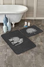 - RealHomes - Realhomes  Siyah Zemin Etnik Fil Motifli 2'li Banyo & Mutfak Paspas Takımı Klozet Paspas Seti Realhomes