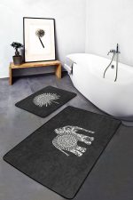 - RealHomes - Realhomes  Siyah Zemin Etnik Fil Motifli 2'li Banyo & Mutfak Paspas Takımı Klozet Paspas Seti Realhomes