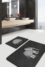 - RealHomes - Realhomes  Siyah Zemin Etnik Fil Motifli 2'li Banyo & Mutfak Paspas Takımı Klozet Paspas Seti Realhomes