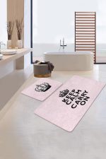 - RealHomes - Realhomes  Pembe Zemin Keep Calm Tasarımlı 2'li Banyo Halı Seti & Mutfak Paspas Takımı Realhomes