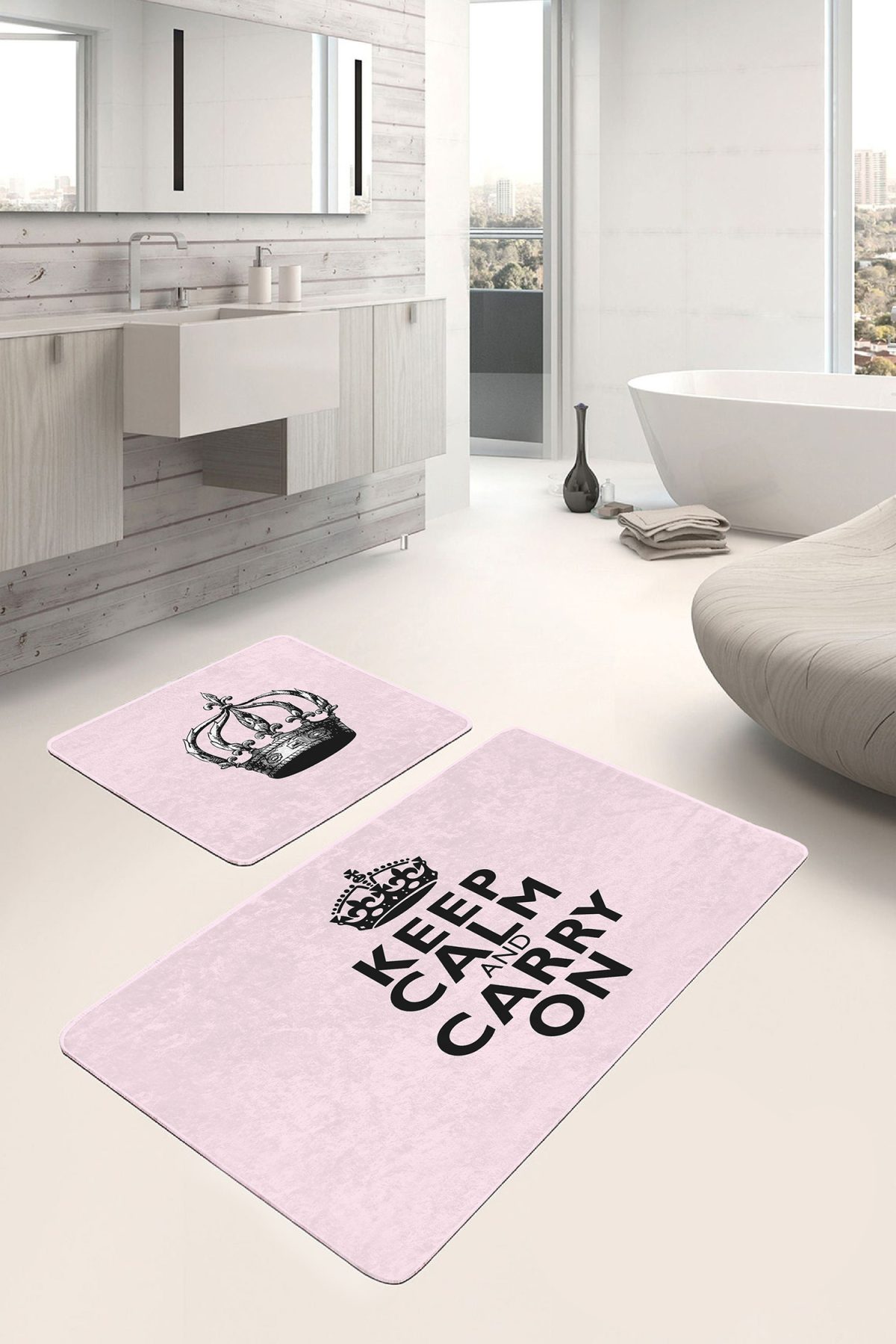 Pembe Zemin Keep Calm Tasarımlı 2'li Banyo Halı Seti & Mutfak Paspas Takımı Realhomes