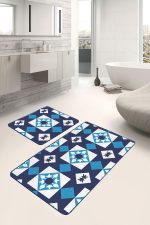 - RealHomes - Realhomes  Mavi Geometrik Desen Motifli 2'li Banyo Paspas Taklımı & Mutfak Paspas Seti Realhomes