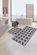 - RealHomes - Realhomes  Geometrik Lacivert Çizimli 2'li Mutfak Paspas Seti & Banyo Halı Takımı Realhomes